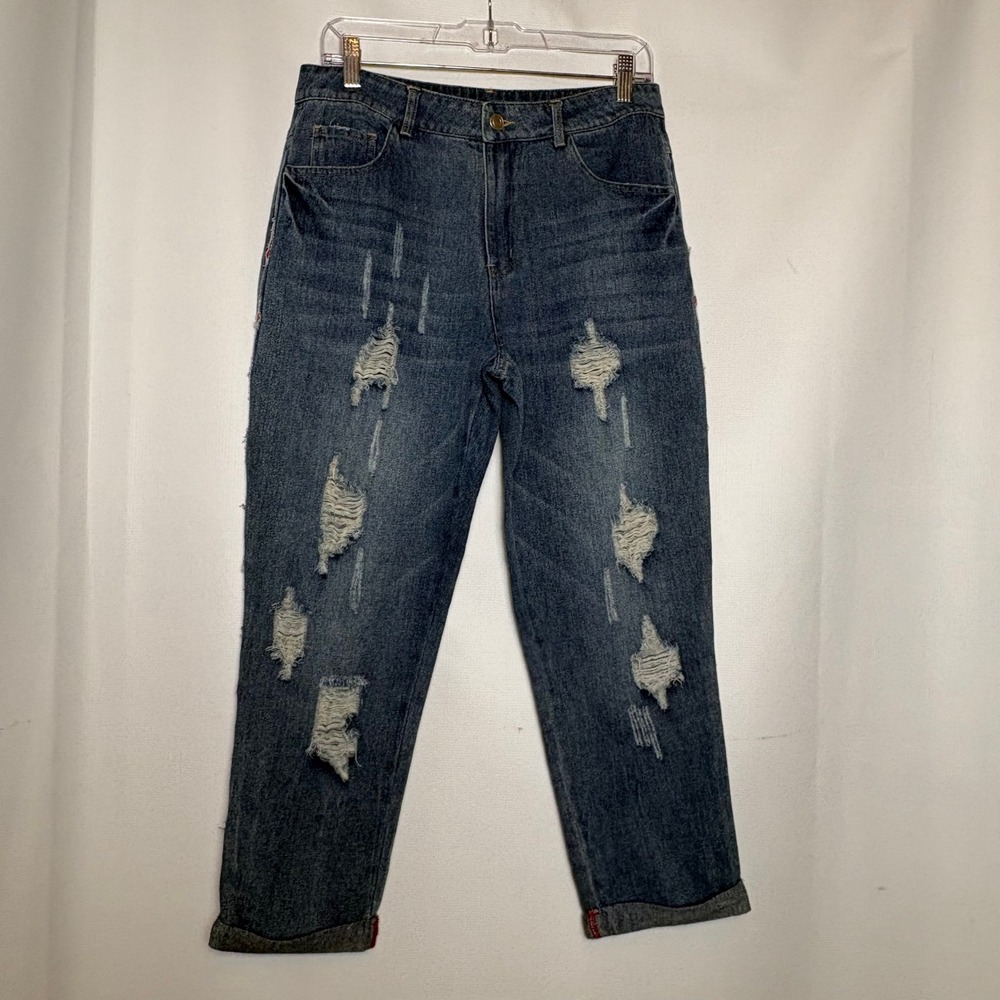 NWOT P Cill Womens High Rise Distressed Boyfriend Jeans Red Side Detail 31x24‎